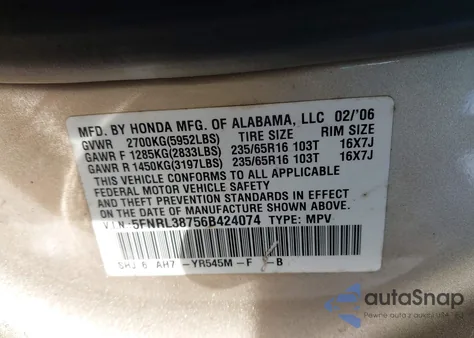 2006 Honda Odyssey Ex-L z USA, uszkodzony, nr VIN 5FNRL38756B424074